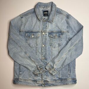 ZARA Men’s Denim Jacket Light Blue Trucker Jean Button Up Size 2XL XXL EUC